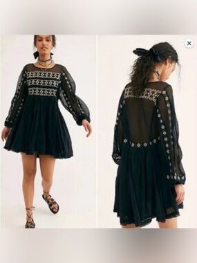 Free People Black Need Me Mini Dress with White Embroidered Details